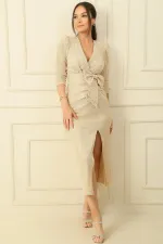 Önü Fiyonklu V Yaka Uzun Kol File Kumaş Elbise