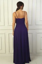 Kadın İp Askılı Drapeli Astarlı Şifon Uzun Elbise