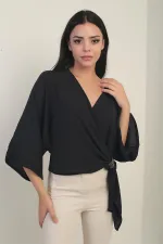 Kadın Kruvaze Yaka Kısa Ayrobin Bluz