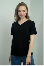Women's V-Neck Short-Sleeve Blouse with Slit