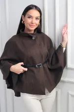 Kadın Düğmeli Beli Kemerli Kaşe Panço