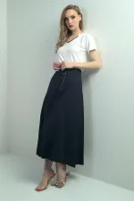 Kadın Bel Aksesuarlı Keten Efekt Parçalı Salaş Uzun Etek