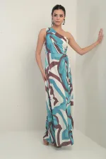Women's One-Shoulder Side-Cut Abstract Pattern Long Crepe Satin Dress