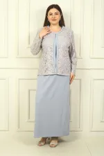 Robe longue à col perlé, ensemble deux pièces grande taille avec veste brodée de perles et de sequins, doublée.