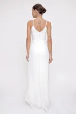 Robe longue en mousseline doublée à bretelles, volants et superpositions