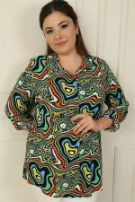 Plus Size Shirt with Geometric Pattern, Fold-Up Sleeves, and Metal Button Front