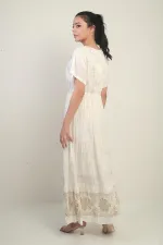 Women's V-Neck Beaded Lined Pocketed Flush Jacquard Long Dress