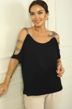 Women's Sleeve Stone Trimmed Neckline Relaxed Fit Blouse