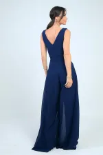 Waist-detailed, front and back V-neck, lined chiffon jumpsuit.