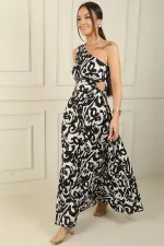 Women's One-Shoulder Side-Cut Ethnic Pattern Long Crepe Satin Dress