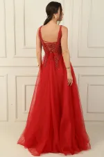 Front and Back V-Neck Beaded Lined Long Tulle Evening Dress