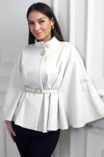 Kadın Tek Düğmeli Beli Kemerli Kaşe Panço