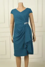 Women's Front and Back V-Neck, Nail Sleeves, Lined, Side Stone Detail, Pocket Square, BB Glitter Short Dress