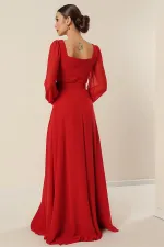 Kare Yaka Beli Kemerli Astarlı Şifon Uzun Abiye