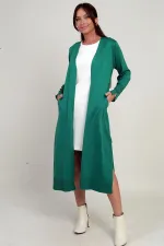 Gilet long pour femme avec manches boutonnées, poches et fentes latérales