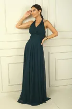 Kadın Boyundan Bağlamalı Taş Baskılı Astarlı Uzun Tül Elbise