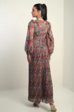 Robe longue en mousseline plissée à col en V doublée et à motifs floraux pour femme