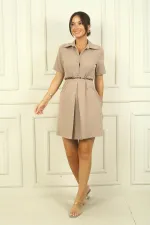 Buttoned Front Short Sleeve Belted A-Pleat Dress