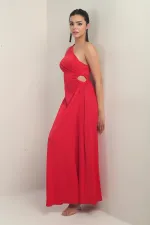 Kadın Tek Omuz Yan Pencere Detaylı Uzun Krep Saten Elbise