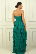 Straplez Önü Taş Detaylı Drapeli Astarlı Yanı Yırtmaçlı Volanlı Uzun Tül Elbise