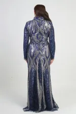 Kadın Dik Yaka Pul İşlemeli Astarlı Büyük Beden Uzun Elbise