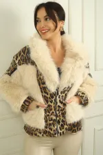 Kadın Leopar Kumaş Detaylı Cepli İçi Astarlı Kürk Ceket