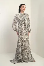 Women's Long Satin Dress with Zebra Pattern and Scarf Detail, Lined