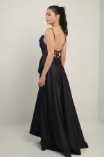 Women's Strappy, Back Lace-Up, Lined, Ruffled Long Satin Dress