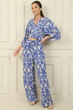 Front and Back V-Neck Crop Top, Elastic Waistband, Pocketed Palazzo Pants, Floral 2-Piece Set