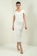 Women's Taffeta Madonna Collar Front Pearl Detailed Lined Evening Dress