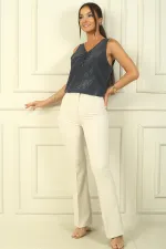 Pantalon espagnol taille haute, à poches, extensible et à jambes larges