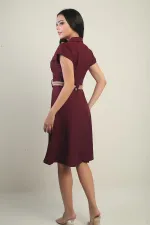 Women's Collared Off-Shoulder Double Pocket Belted Linen Effect Dress