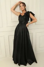 Tek Omuz Fiyonklu Önü Drapeli Astarlı Uzun Tafta Abiye Elbise