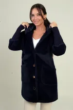 Manteau en angora doublé à capuche et boutons sur le devant pour femme, avec manches côtelées