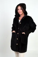 Kadın Kapüşonlu Önü Düğmeli Astarlı Kolları Ribanalı Angora Kaban