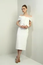 Kadın Saten Madonna Yaka Kendinden Telalı Midi Elbise