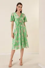 Ön Arka Kruvaze Yaka Astarlı Çiçekli Saten Elbi