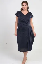 Women's Front Back V Neck Waist Stone Detail Lined Glittery Sandy Fabric Plus Size Midi Dress