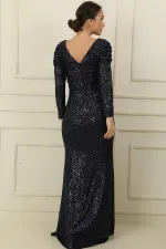 Kruvaze Yaka Önü Drapeli Astarlı Pulpayet Uzun Elbise