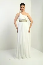 Kadın Tek Omuz Askılı Önü Hasır Astarlı Şifon Uzun Elbise