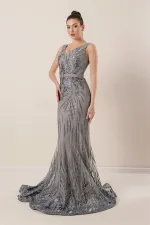 Thick Strap Ghost Tulle Lined Glittery Long Dress