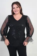 Kadın V Yaka Kolları Organze Pulpayet Büyük Beden Bluz