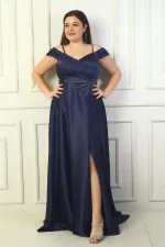 Kadın Ön Arka V Yaka İp Askılı Düşük Kol Taş İşlemeli Astarlı Büyük Beden Uzun Saten Abiye Elbise