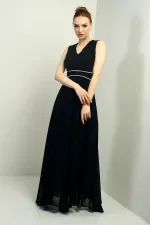 Women's V-Neck Long Crepe Chiffon Dress with Stone Detail at Waist, Gathered Front, Lined, and Tie-Back Closure.
