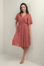 Women's Wrap Neckline Ruffled Sleeve Lined Chiffon Dress