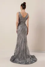 Thick Strap Ghost Tulle Lined Glittery Long Dress