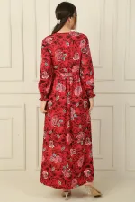 Beli Kuşaklı Gül Desenli Kol Uçları Büzgülü Gofre Uzun Elbise