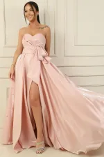 Front Draped, Pocketed, Lined Organza Satin Strapless Long Evening Dress