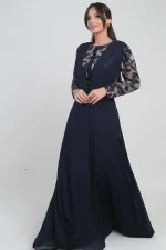 Robe longue en mousseline pour femme, doublée, avec ceinture à fleurs et haut à sequins.