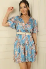 Double-Breasted Mixed Leopard Patterned Skirt with Layered Belt Satin Dress